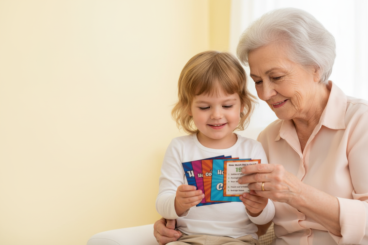 Child and elderly person sharing conversation cards