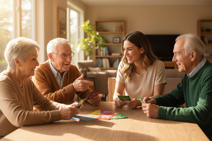 Close-up of hands and smiling faces with conversation cards