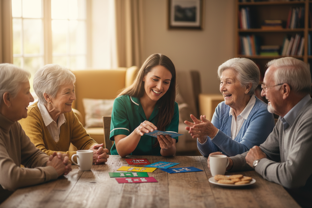 Elderly group engaged in lively conversation with cards