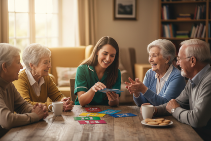 Elderly group engaged in lively conversation with cards