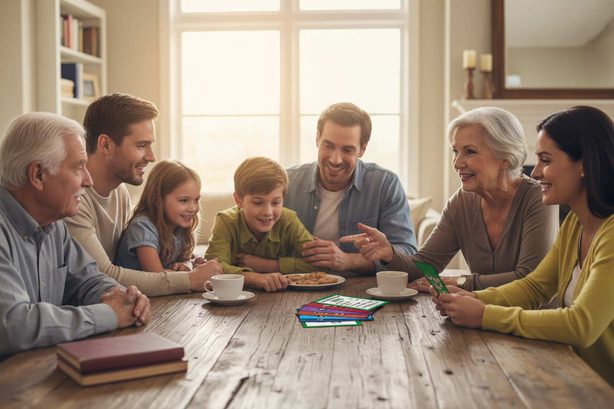 Multiple generations gathered around conversation cards